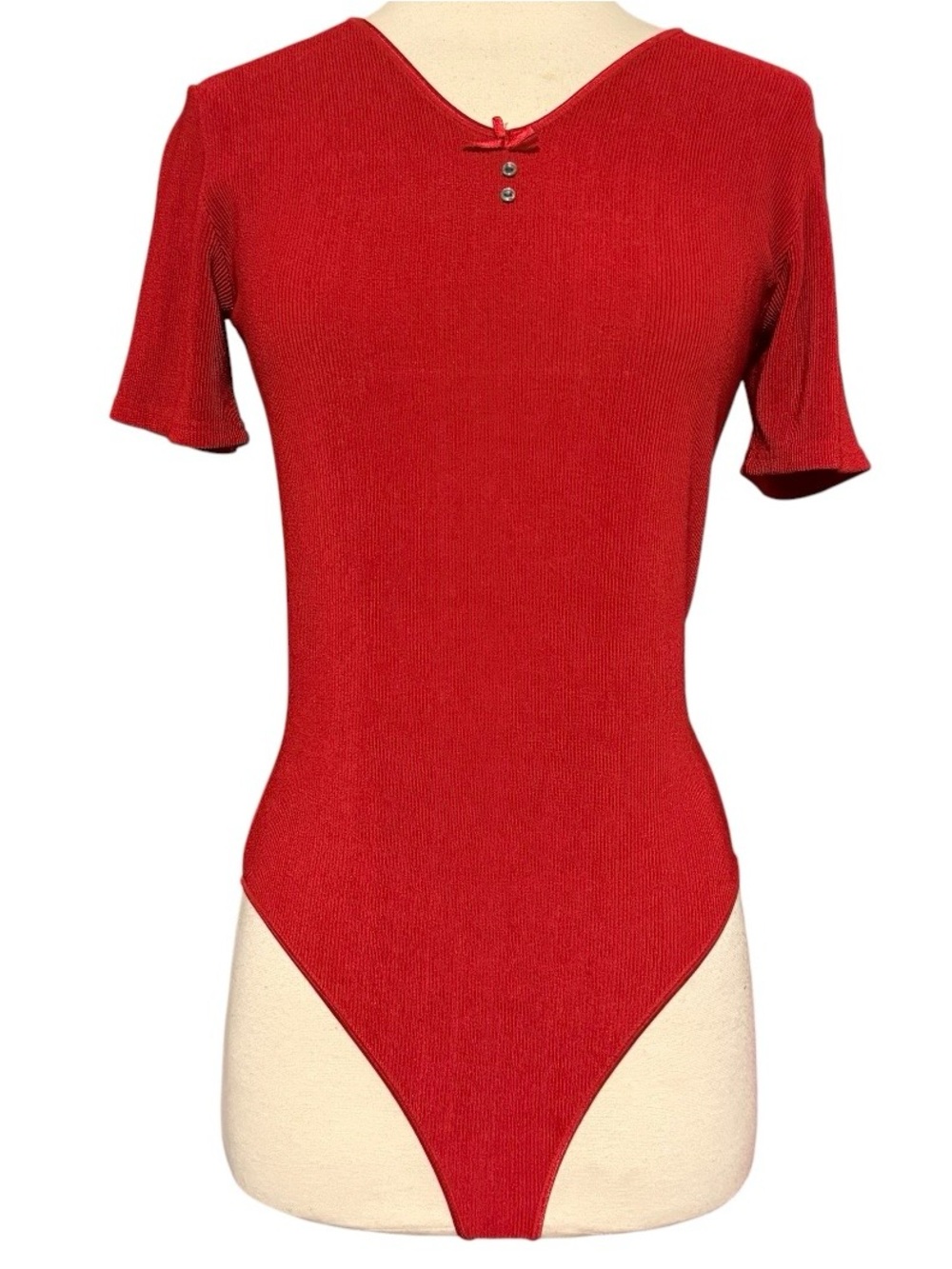 Vintage Anne Klein Red Ribbed Bodysuit Leotard Top with Short Sleeves, Small